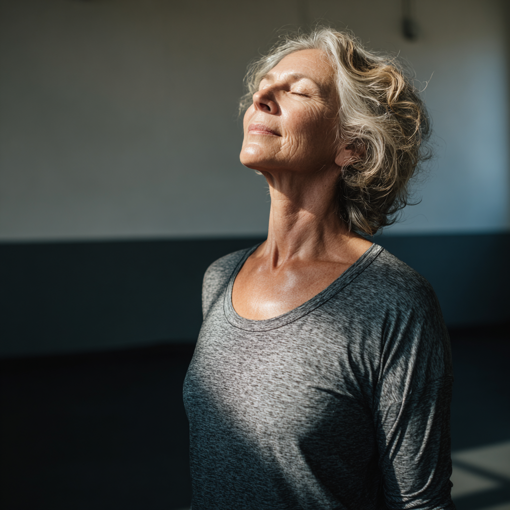 Mature woman practicing gentle yoga movements in serene studio environment