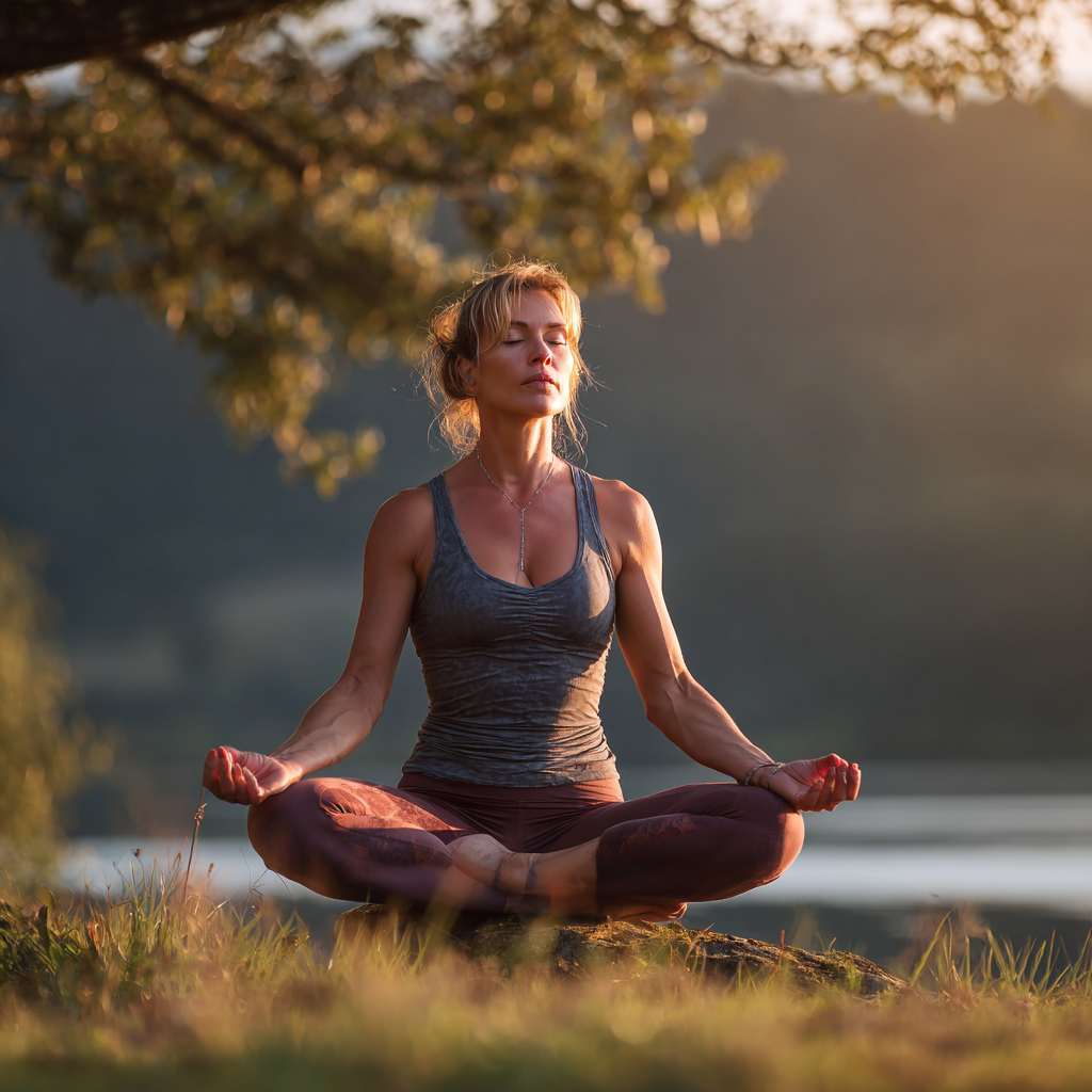 Woman in her forties practicing yoga poses in peaceful natural setting
